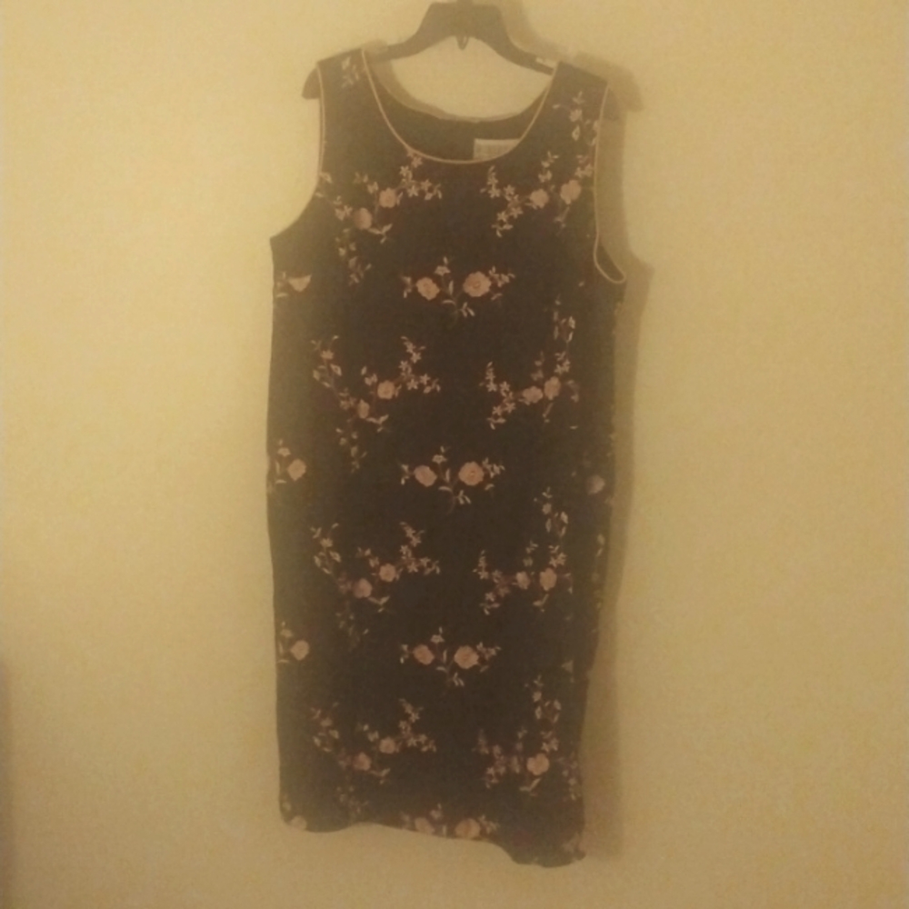 Black linen and rayon blend dress with rose pink embroidered flower design